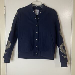 ZOE KARSSEN navy varsity snake embroidered bomber snap wool jacket size small